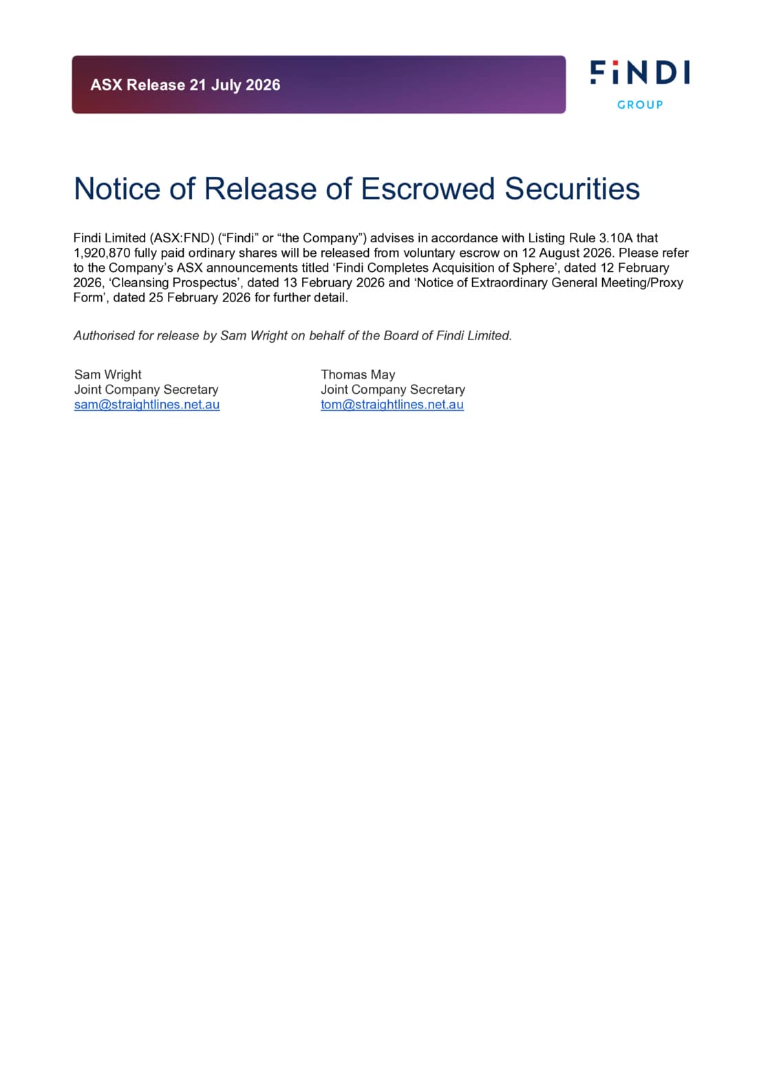 Notice of Release of Escrowed Securities